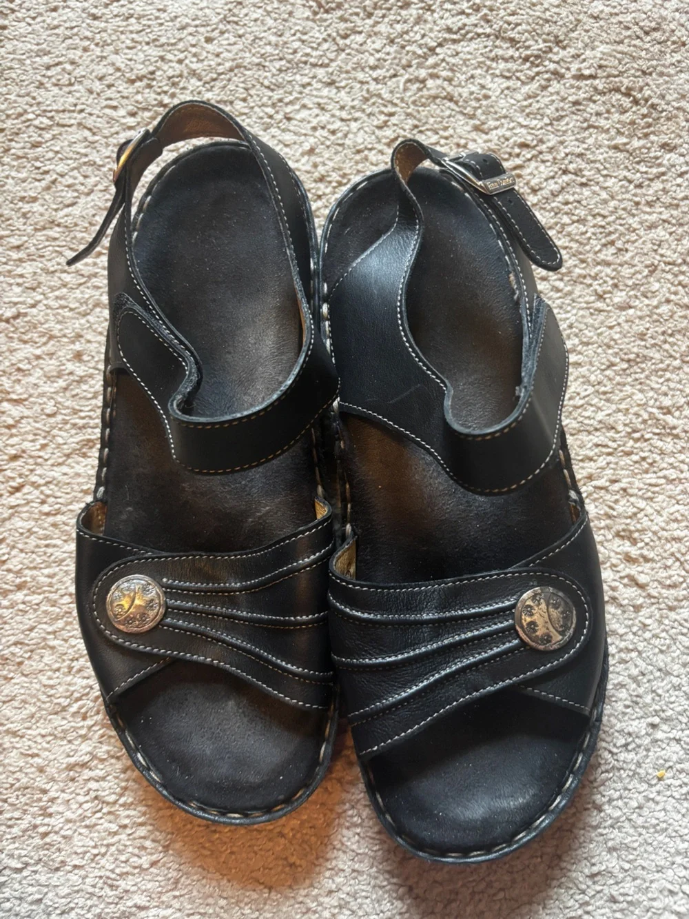 Women's Black Leather Adjustable Slide Sandals with Decorative Medallions